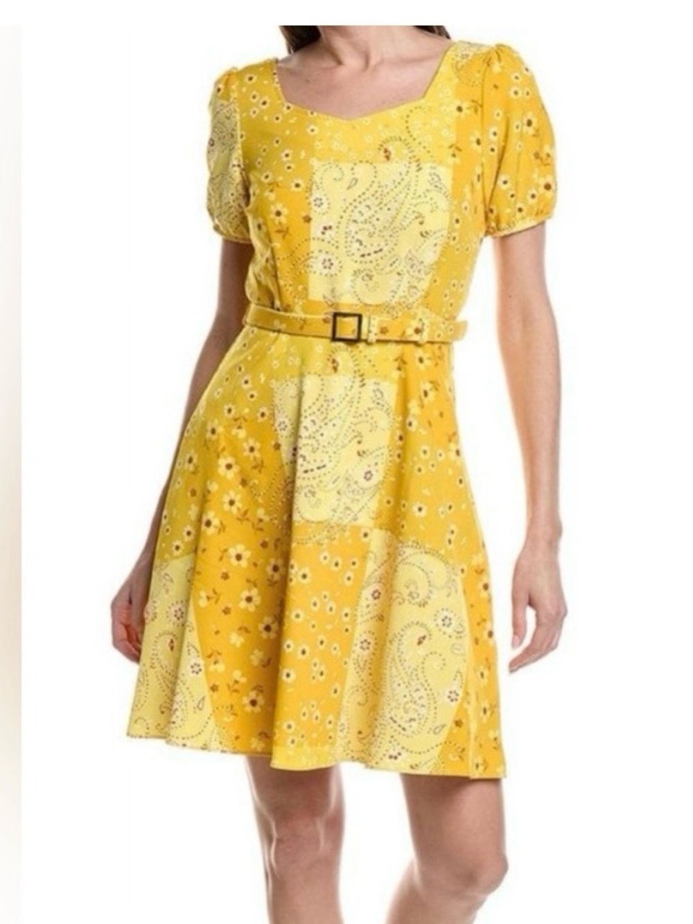 Nannette Lepore Yellow Paisley Floral Dress with Belt